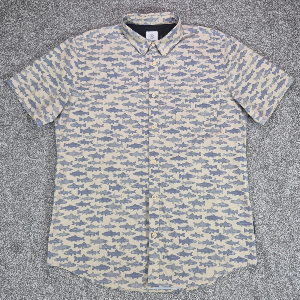 Flylow Shirt Mens Large Tan Blue Fish Print Short Sleeve Button Up